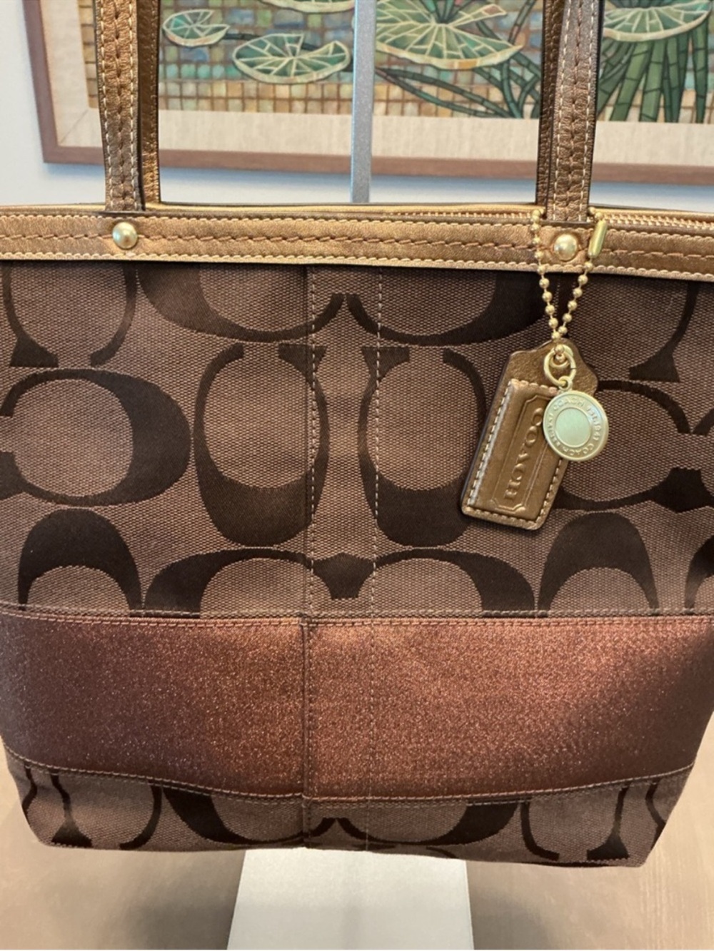 Coach Y2K Signature Stripe Tote Bag Dark Brown Metallic Bronze Trim F13548 EUC - Picture 2 of 10